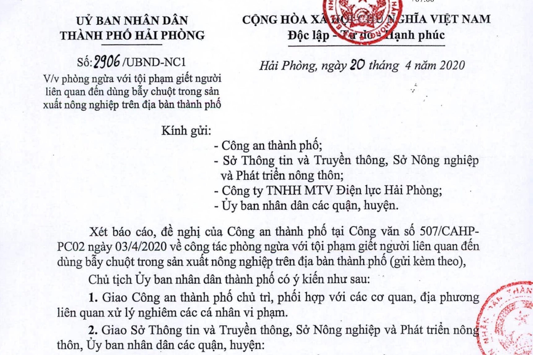 Phòng ngừa tội phạm giết người liên quan đến dùng bẫy chuột trong sản xuất nông nghiệp trên địa bàn thành phố